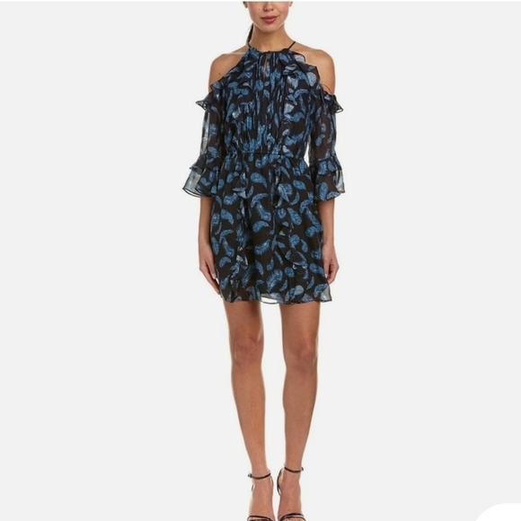 Rachel Zoe Dresses & Skirts - 100% Silk Rachel Zoe Ruffle Mini Cocktail Dress Cold Shoulder Feather Print
